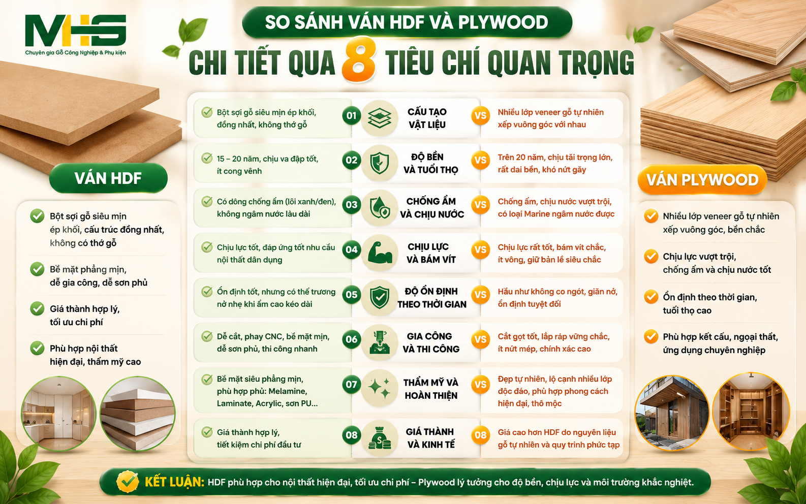 So sánh ván HDF và Plywood chi tiết qua 8 tiêu chí quan trọng